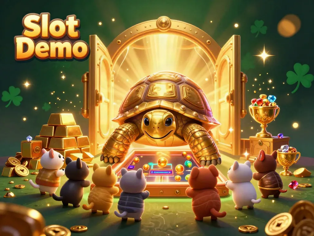 Engage in the exciting Slot Demo experience with a vibrant scene featuring a golden tortoise pinball machine, filled with treasures.
