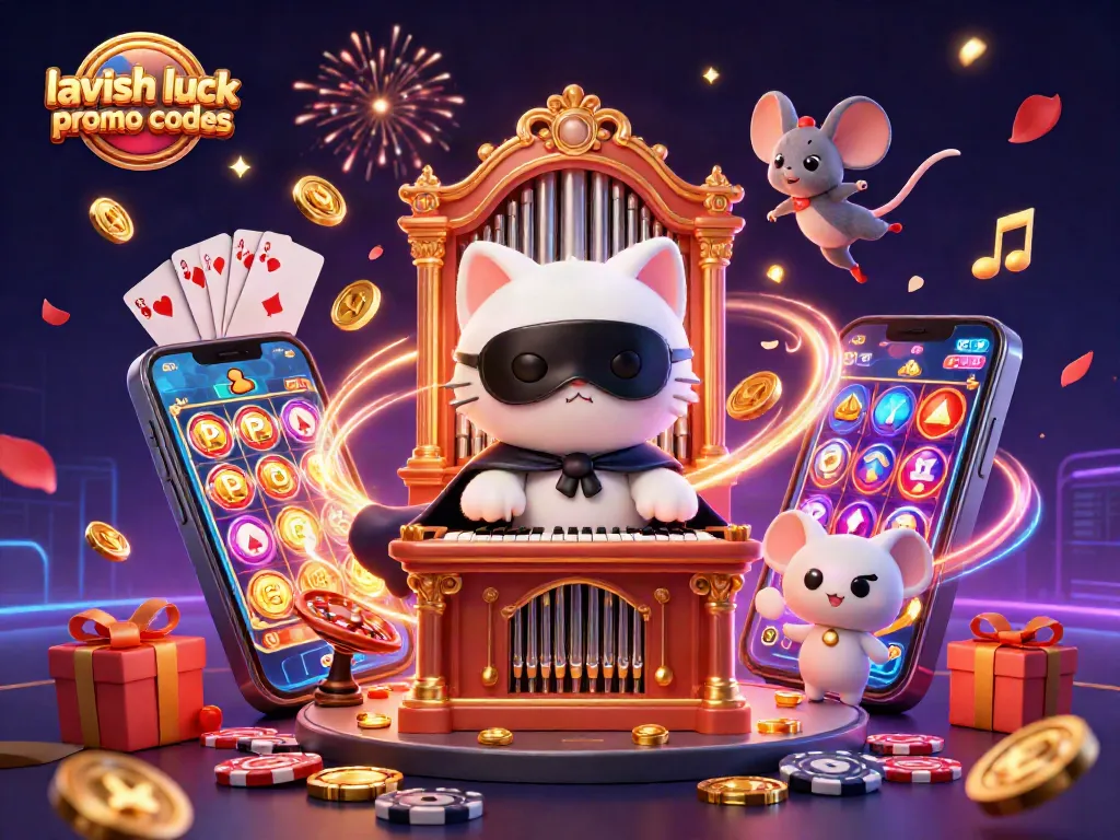 Spin and win with lavish luck promo codes, featuring colorful slots and casino elements.