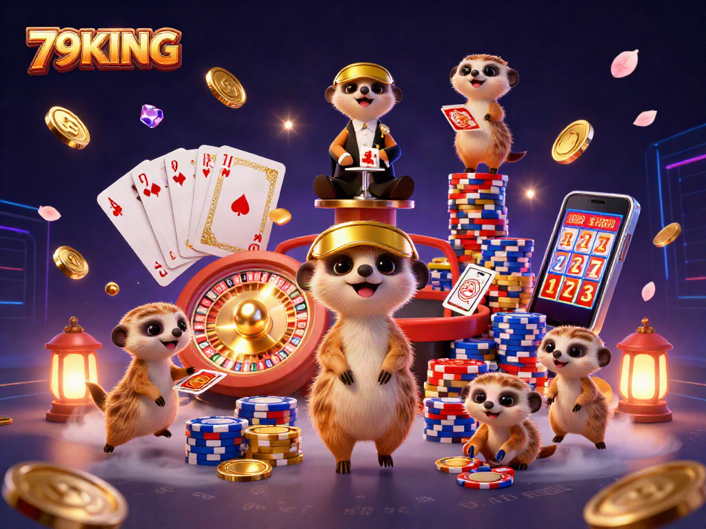 Engage with thrilling 79KING casino action featuring meerkats at play with games and chips.