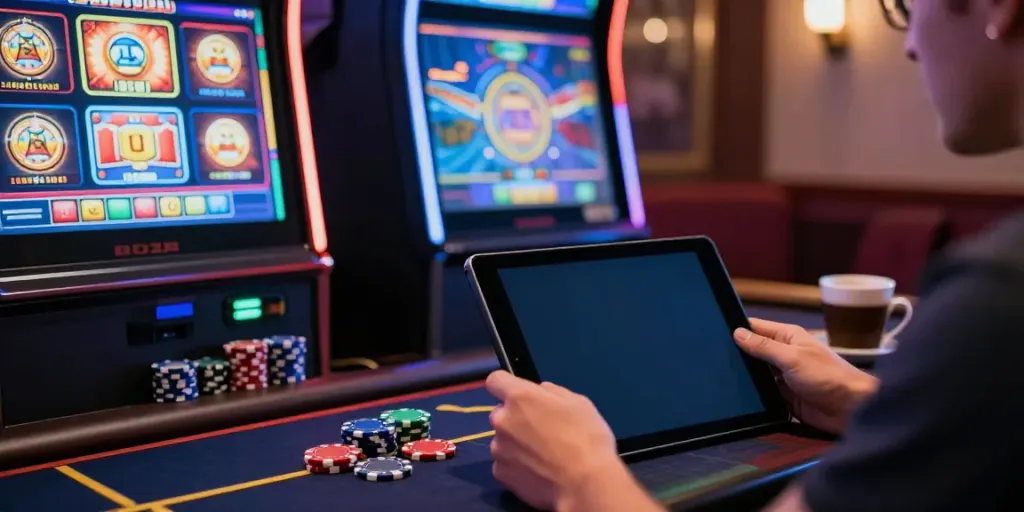 Engaging online gaming setup featuring akunjp interface with vibrant slot machines and digital devices.