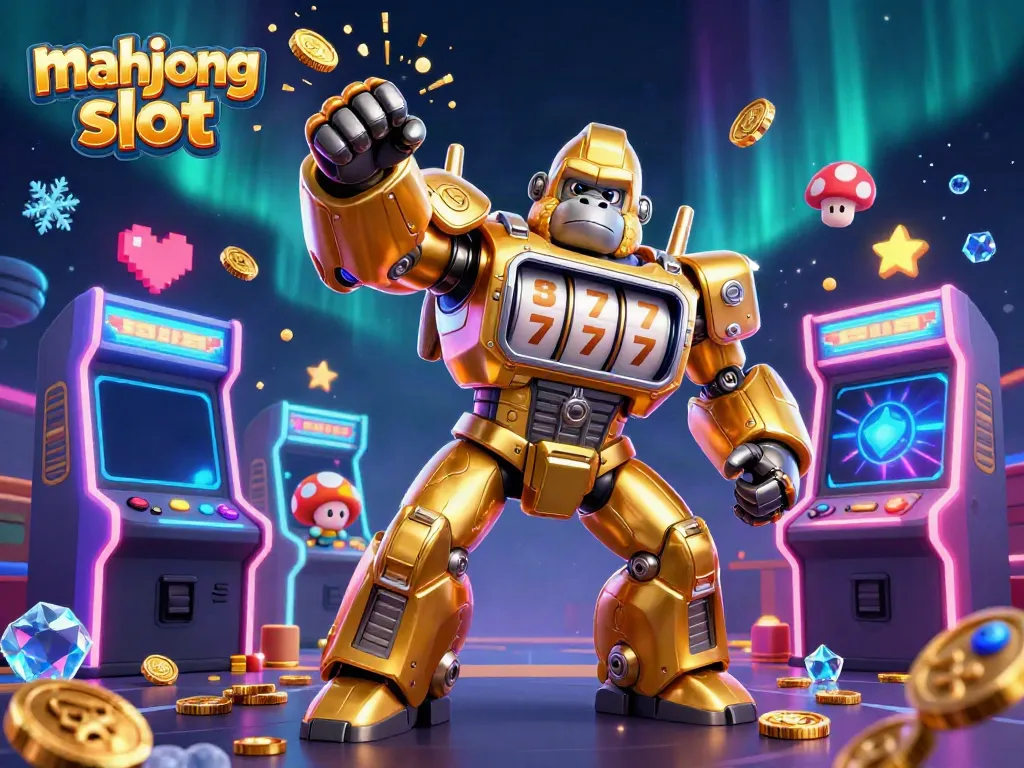 Experience the excitement of mahjong slot with a dynamic golden gorilla mech and vibrant arcade elements.
