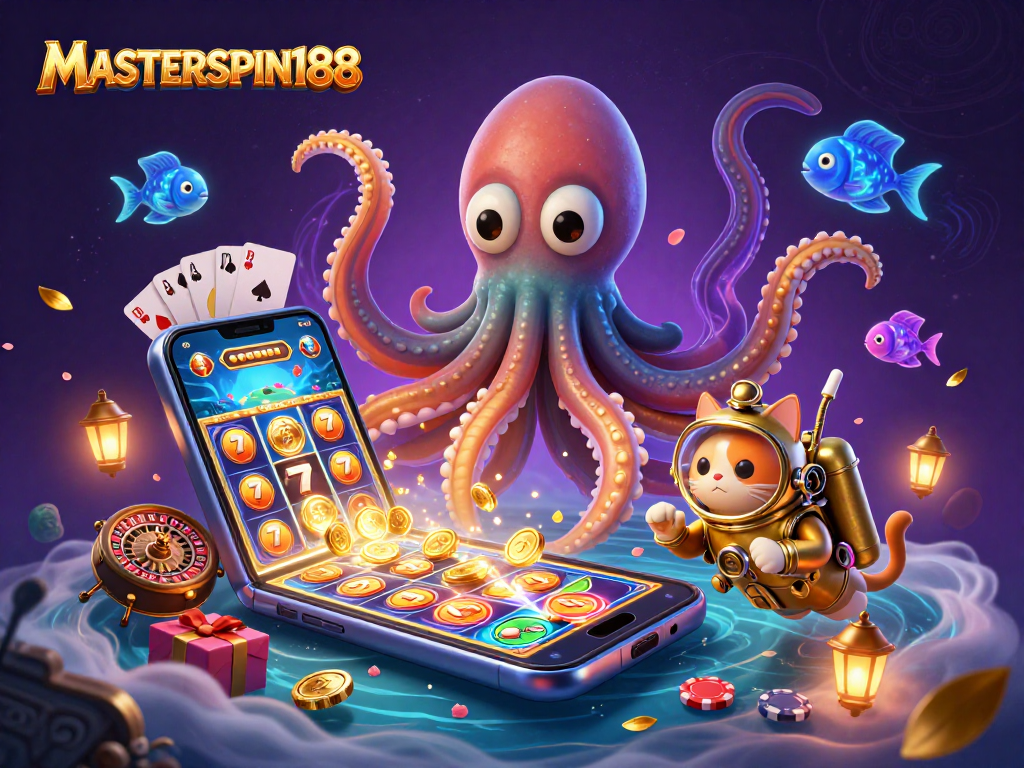 Engage with MASTERSPIN188: A vibrant scene of a kraken and diving cat amidst colorful slot games.