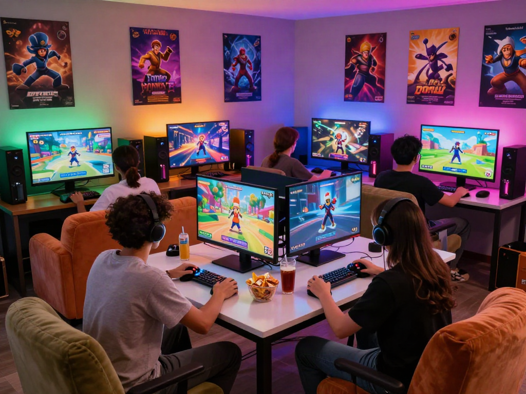 Exciting group playing porngames together in a vibrant gaming room, showcasing fun and camaraderie.