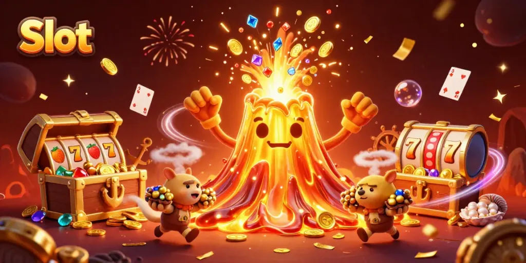 Engage with Slot gameplay featuring a golden volcano erupting coins and gems, highlighting a thrilling casino experience.