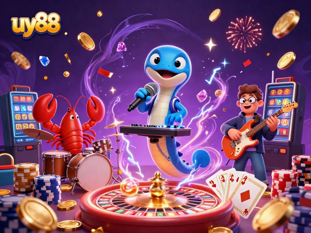 Experience the excitement at uy88 with a dynamic underwater casino performance featuring an electric eel DJ, lobster drummer, and seahorse guitarist.