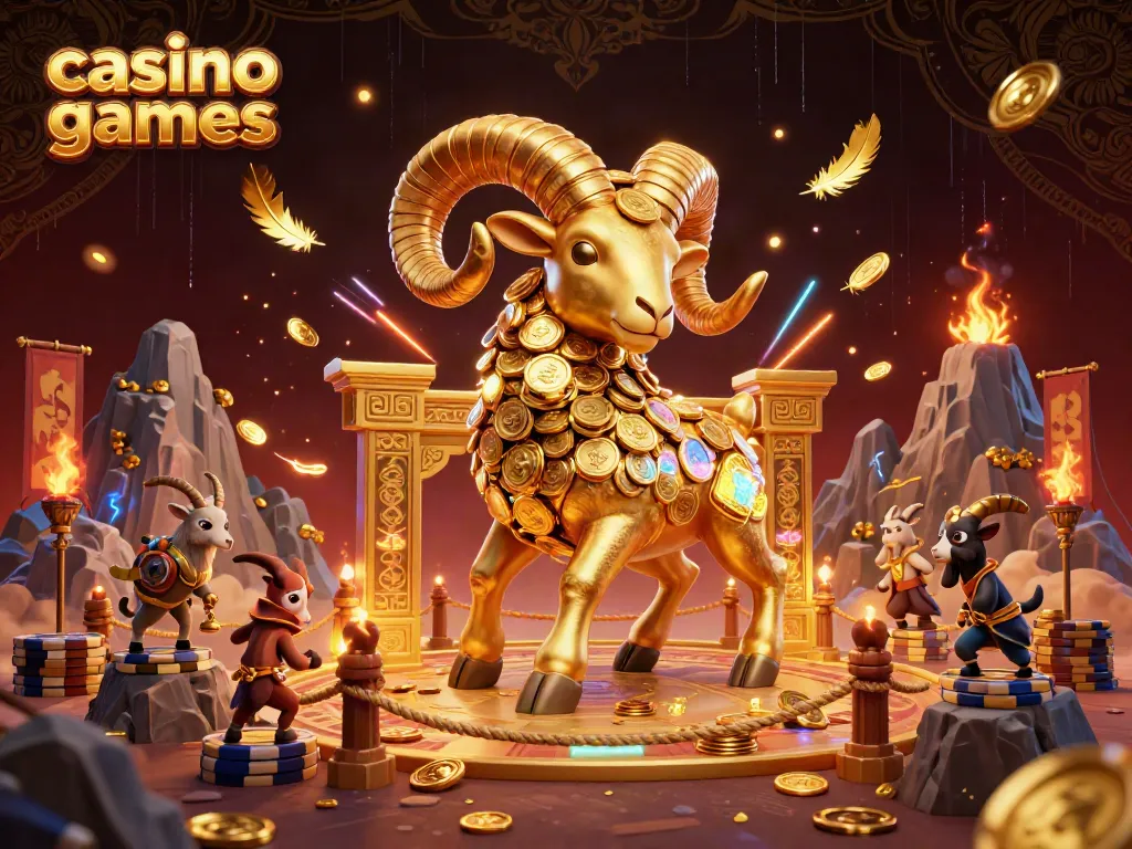 Experience thrilling casino games with golden ram charging into action surrounded by festive elements.