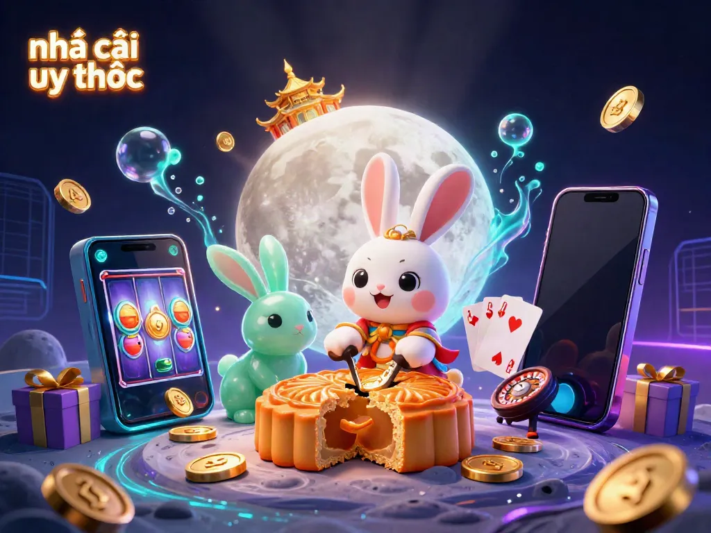 Engage with the visual magic of nhà cái uy tín featuring vibrant casino elements and a moon rabbit.