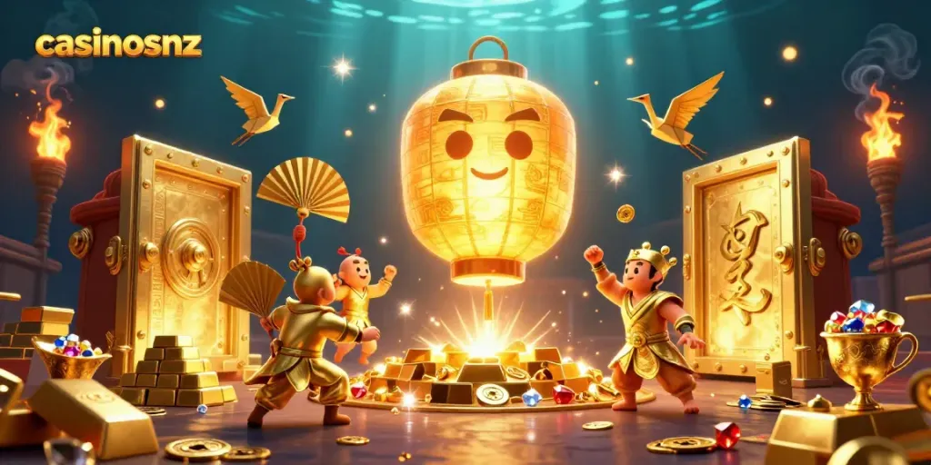 Experience the magic of casinosnz as the golden lantern spirit guides you through a vibrant casino scene.