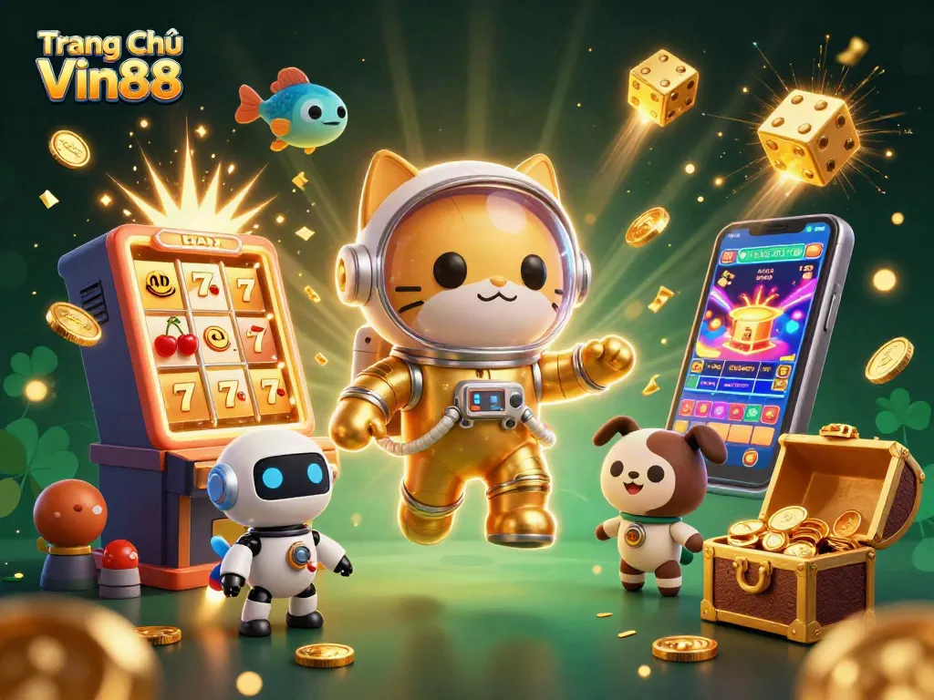 Experience the thrill of Trang Chủ Vin88 with a vibrant space-themed casino scene featuring interactive games and colorful elements.
