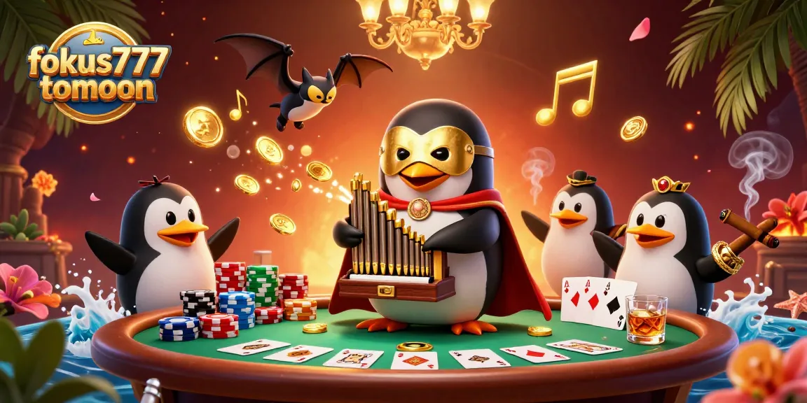 Experience thrilling gambling with fokus777tomoon as a cartoon penguin plays a golden organ spilling coins.
