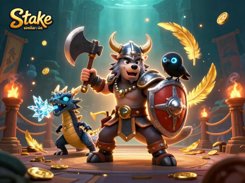 Engage with stake.us similar sites through an epic illustration featuring a Viking wolf warrior, dragon, and vibrant casino elements.