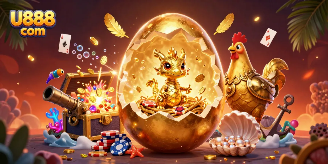 Engage in thrilling gameplay at U888 com with a golden baby dragon amidst poker chips, surrounded by vibrant casino elements.