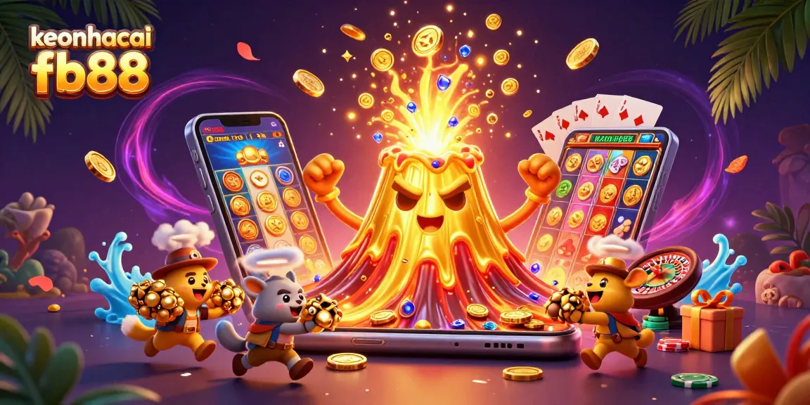 Experience thrilling wins at keonhacai fb88 with the vibrant golden volcano and treasure-filled scene.