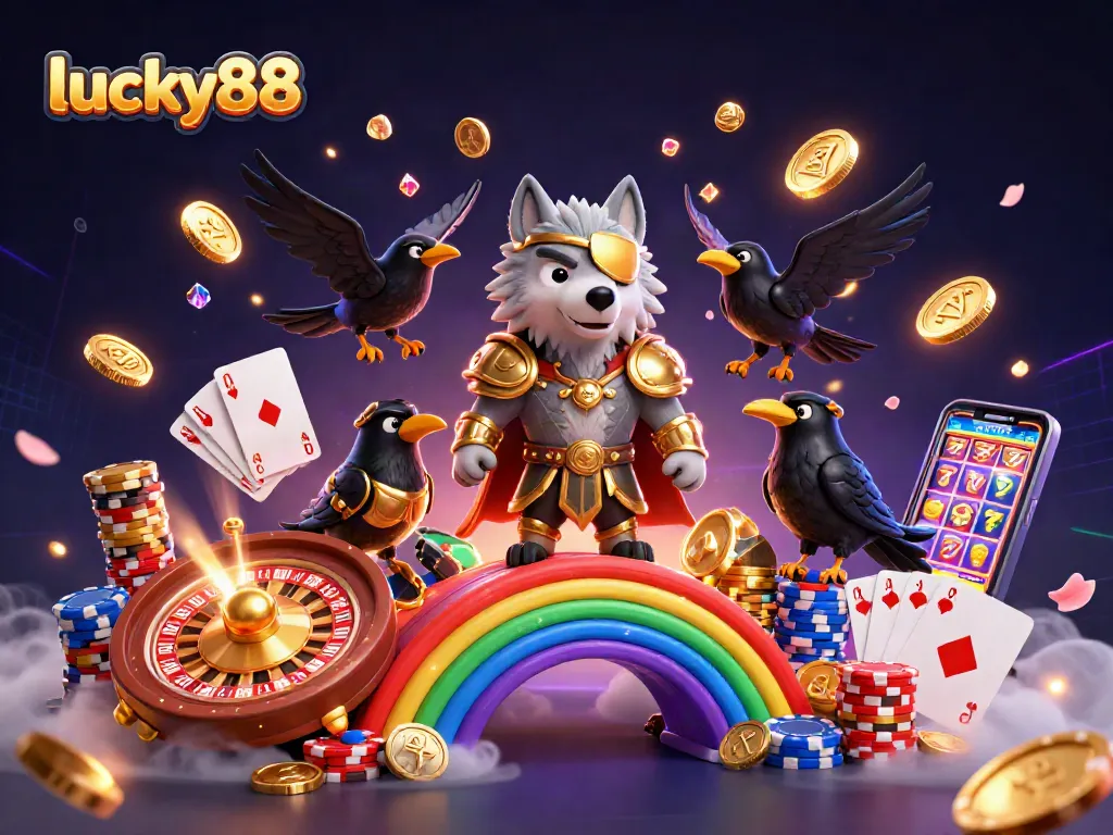 Experience the excitement of lucky88 with a vibrant casino scene featuring Odin, ravens, and slot elements.