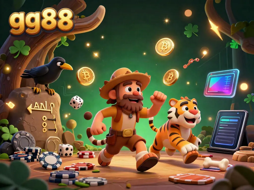 Experience thrilling gaming at GG88 with a prehistoric casino scene featuring cavemen and crypto elements.