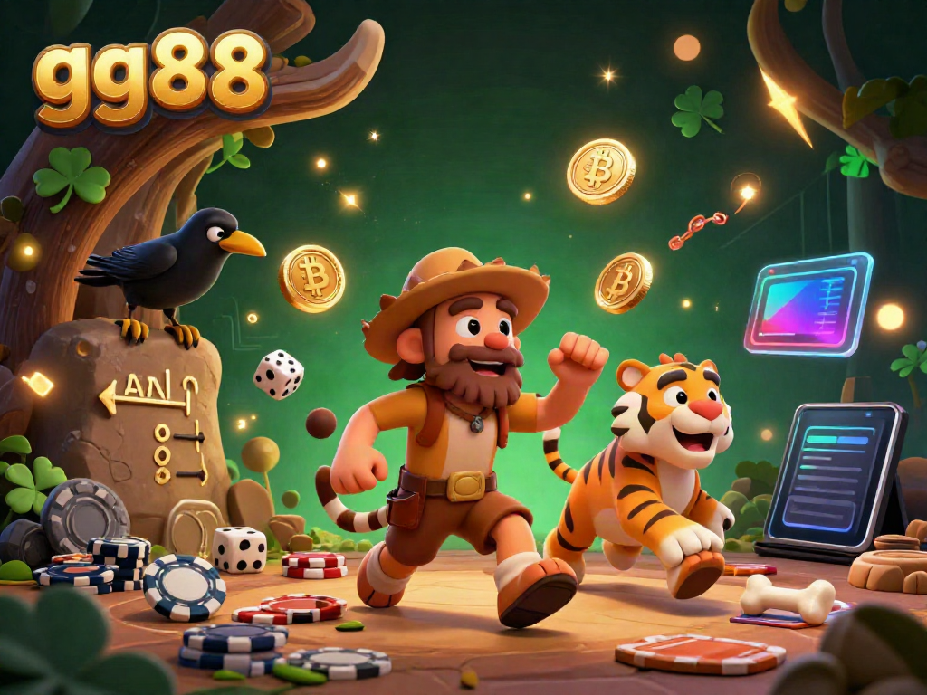 Experience thrilling gaming at GG88 with a prehistoric casino scene featuring cavemen and crypto elements.