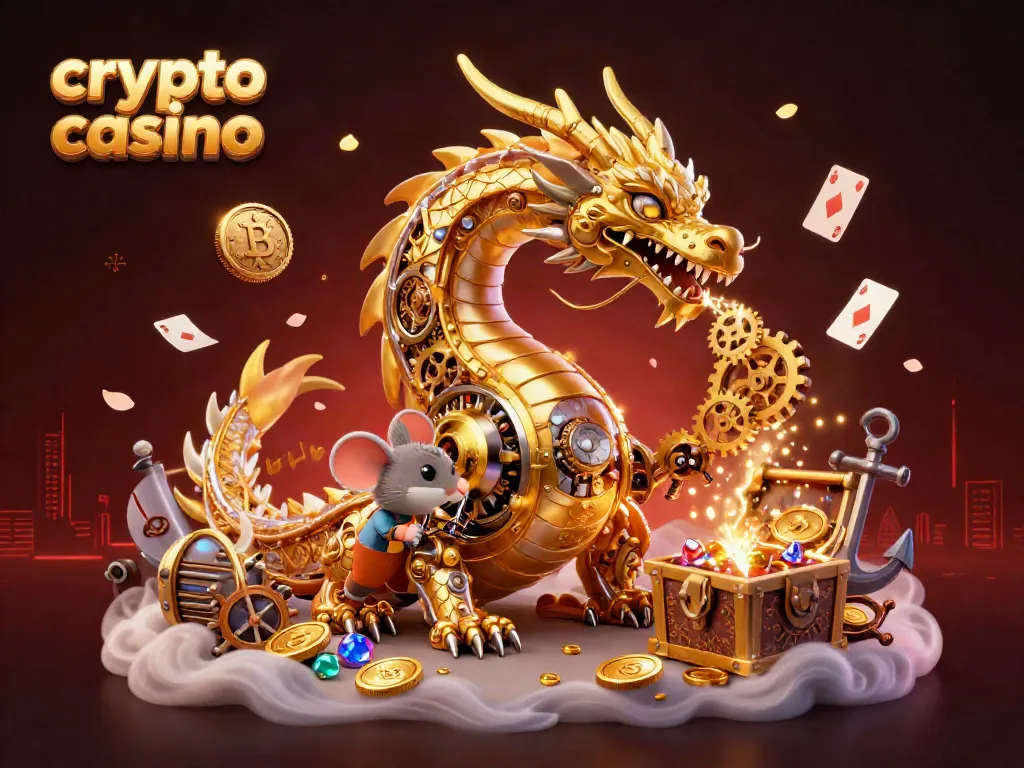 Experience the excitement of a crypto casino with a biomechanical dragon and Bitcoin treasures.