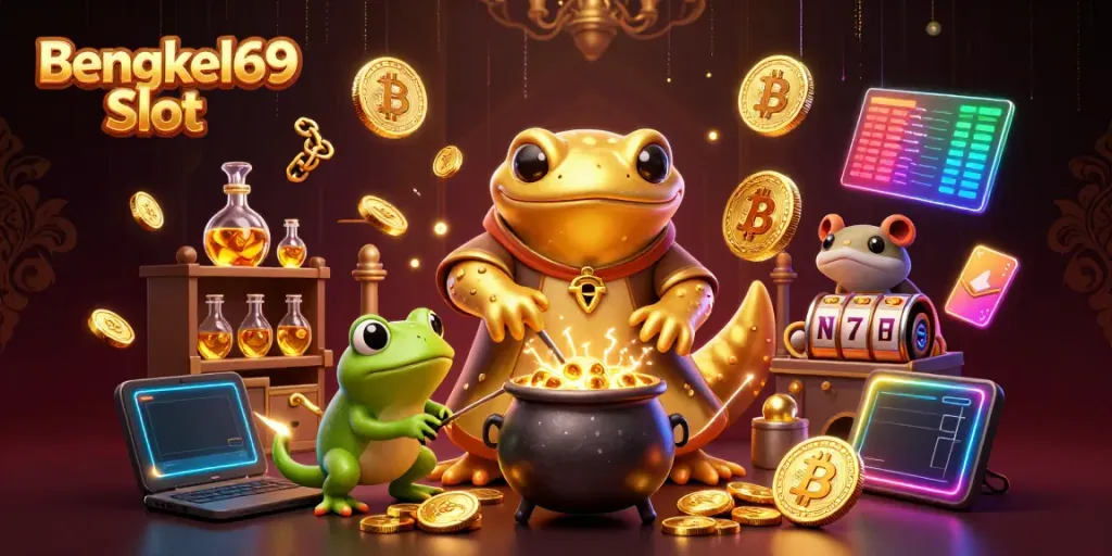 Experience remarkable gameplay with Bengkel69 Slot featuring gold coins, slot reels, alchemist characters, and magic elements.