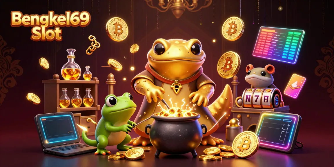 Experience remarkable gameplay with Bengkel69 Slot featuring gold coins, slot reels, alchemist characters, and magic elements.