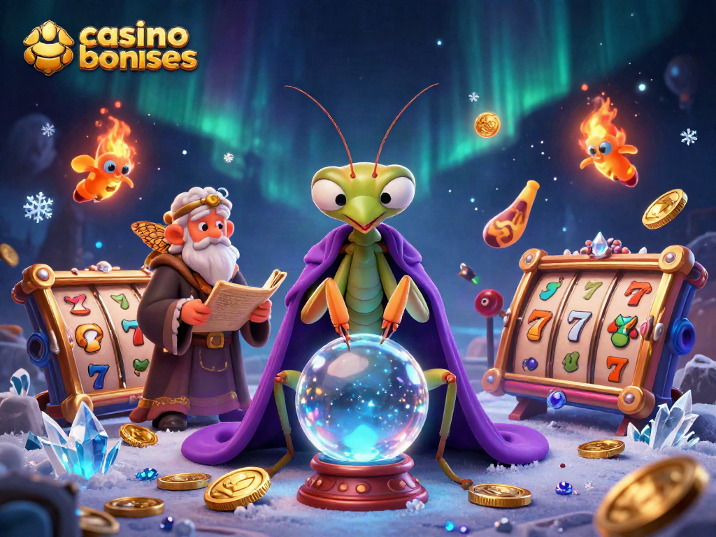 Engage with casino bonuses through vibrant slots and playful fortune tellers in an enchanting scene.