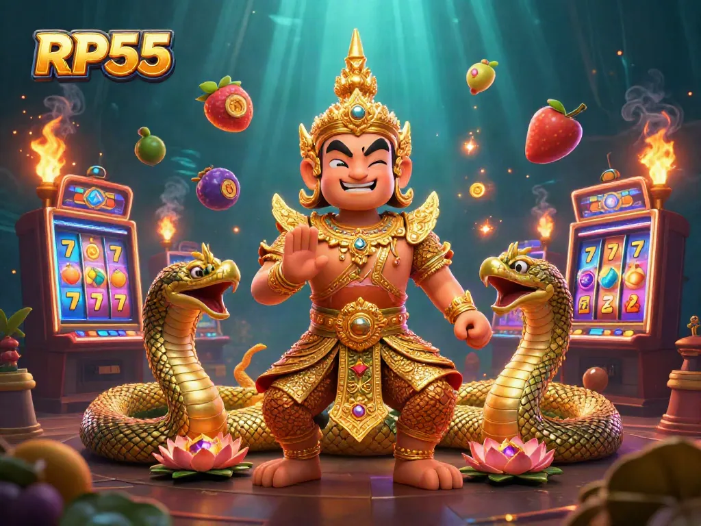 Play slot games with insights from RP55, featuring vibrant characters in a whimsical casino setting.