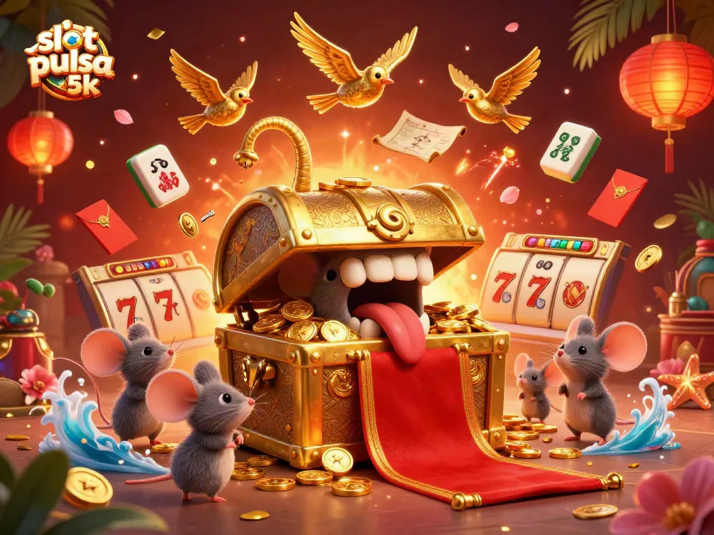 Engage with slot pulsa 5k as adventurous mice seek treasures from a golden chest in a vibrant casino scene.