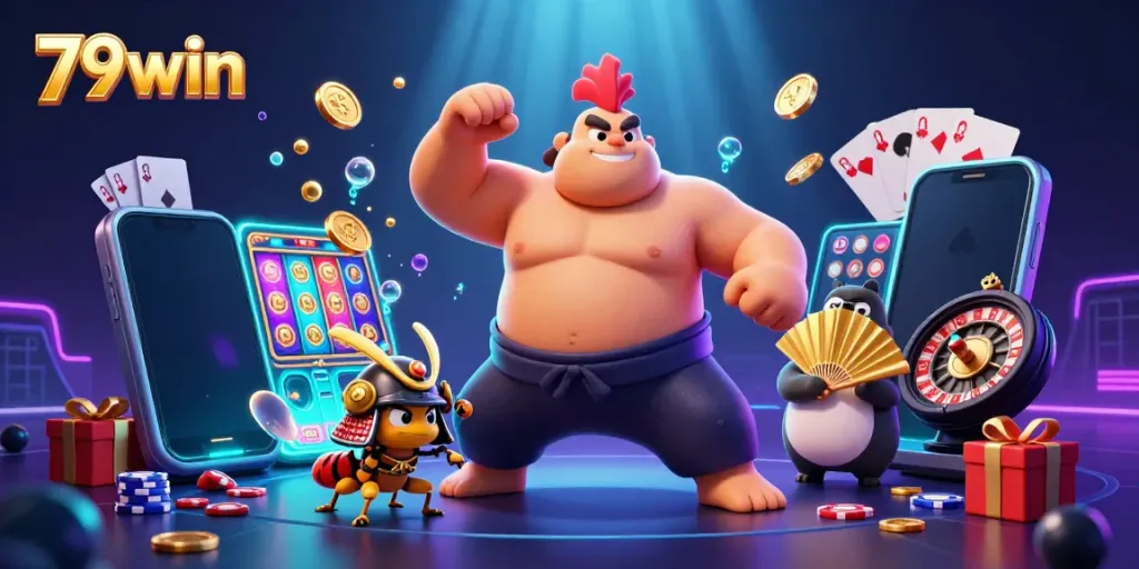 Experience the exciting world of 79win with charming characters in a vibrant casino setting.