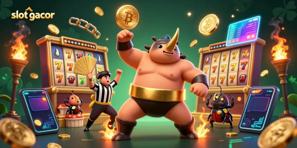 Experience the excitement of slot gacor with a dynamic scene featuring a beetle champion, coins, and vibrant casino elements.