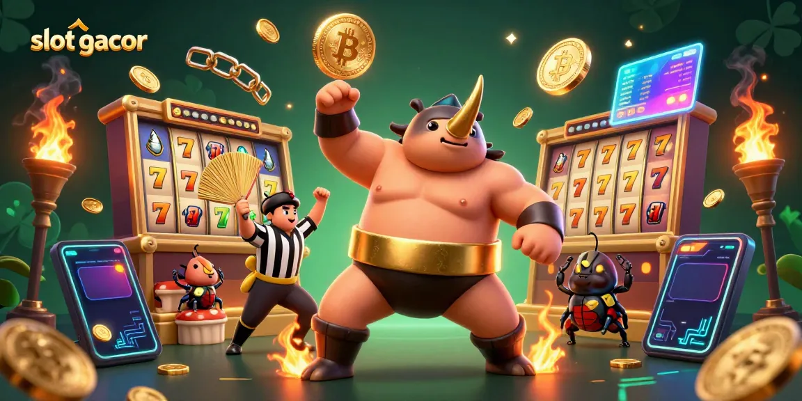 Experience the excitement of slot gacor with a dynamic scene featuring a beetle champion, coins, and vibrant casino elements.