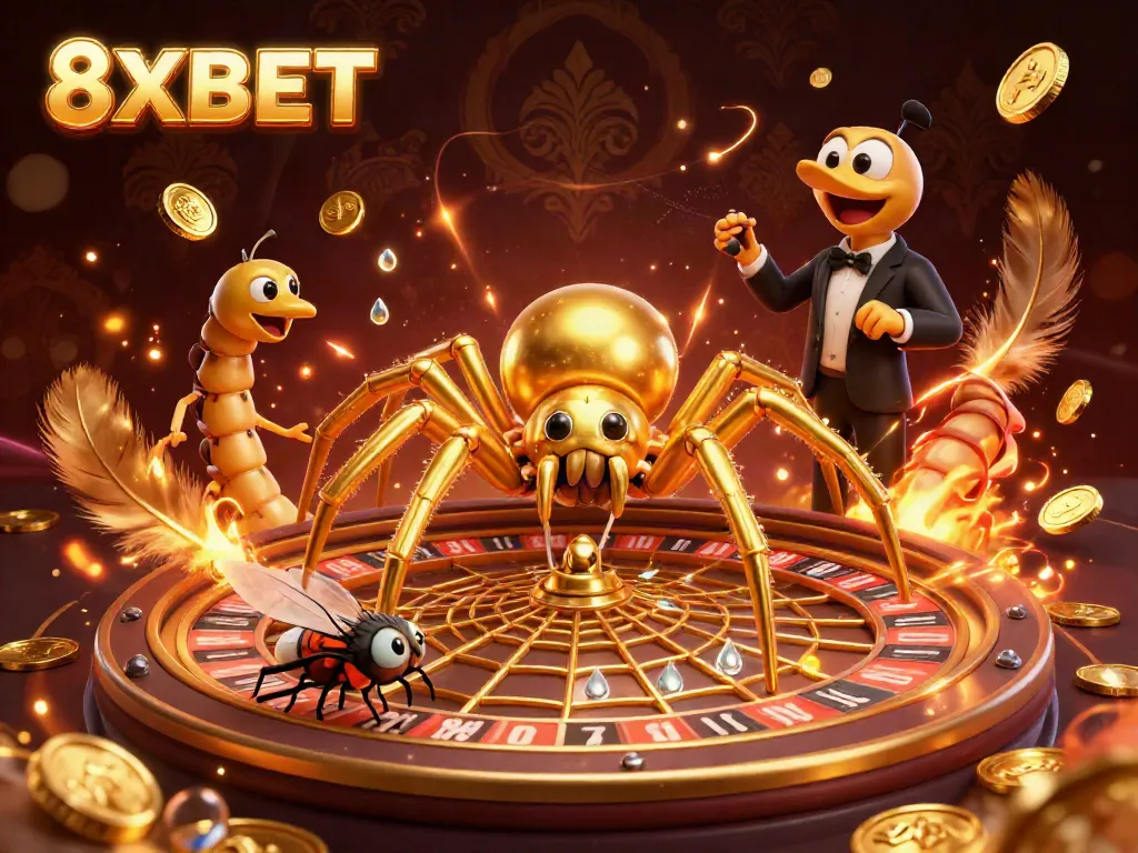 Experience gambling excitement with 8XBET as a fly nervously bets at a roulette wheel.