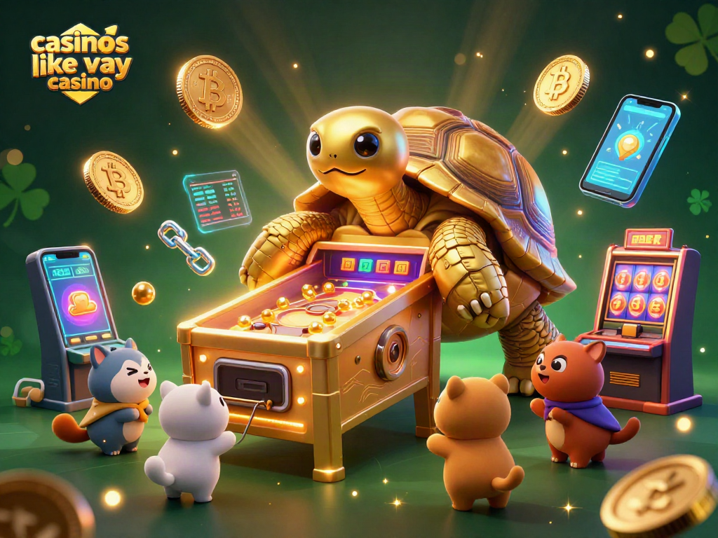 Engage with casinos like yay casino featuring a giant tortoise pinball machine amid vibrant slot game elements.