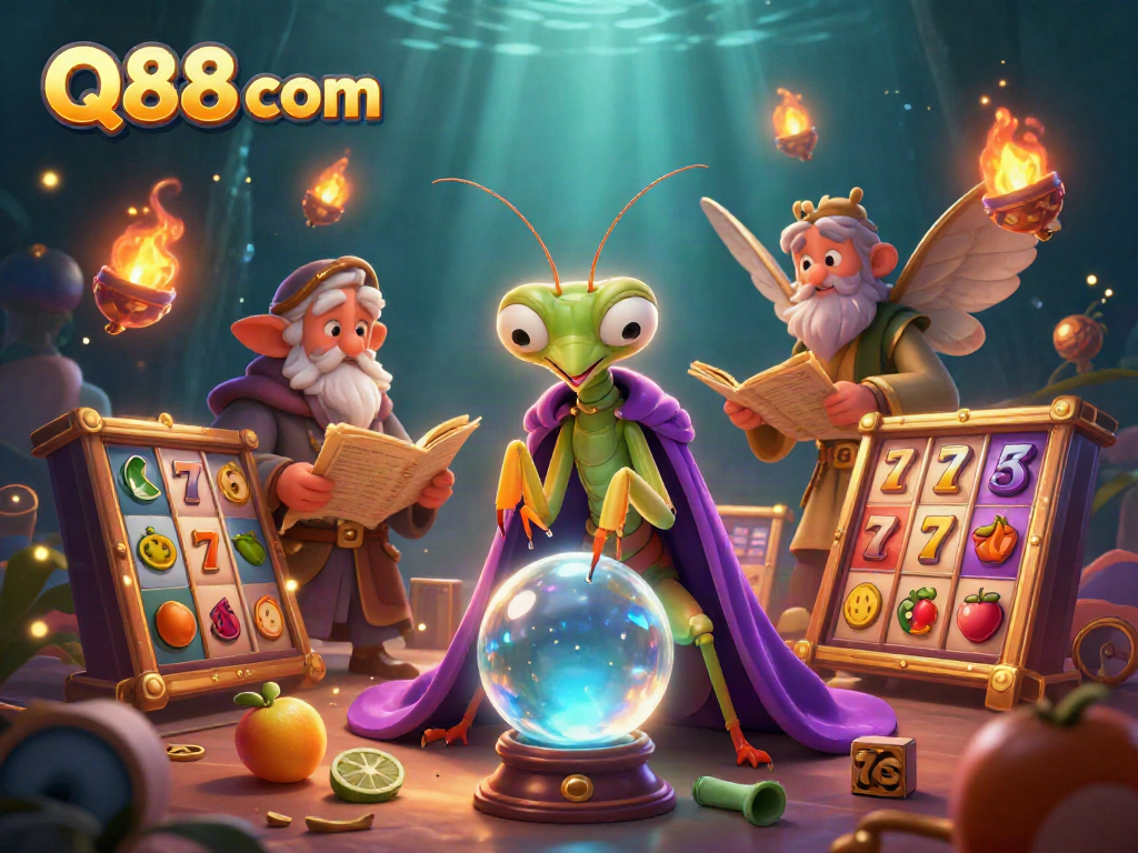 Engage in excitement with slots and jackpots at Q88 com, illustrated through mystical characters.