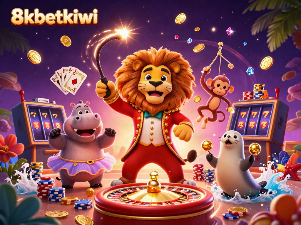 Experience thrilling games with 8xbetkiwi as a lion ringmaster leads a vibrant casino scene.