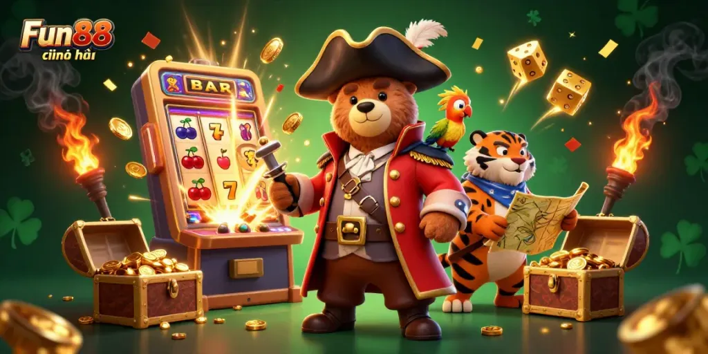 Experience the excitement of Fun88 chính thức with a vibrant 3D scene featuring pirates, treasures, and casino games.