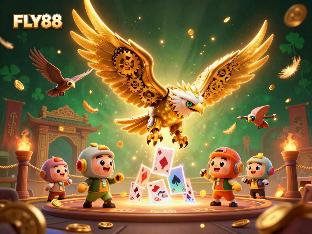 Engage in thrilling casino gaming with FLY88, featuring a cybernetic eagle amidst dynamic game elements.