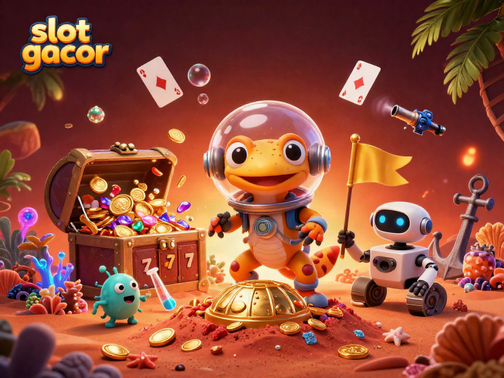 Experience thrilling gameplay with slot gacor at the cartoon Martian casino, as gold coins and gems burst in excitement.