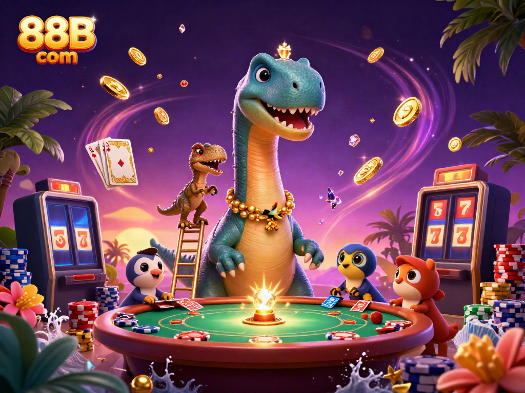 Engage in thrilling gameplay at 88B com with dynamic casino elements, cartoon dinosaurs, and vibrant visuals.