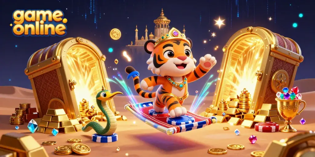 Engage in thrilling game online action amidst a magical casino landscape featuring treasures and vibrant characters.