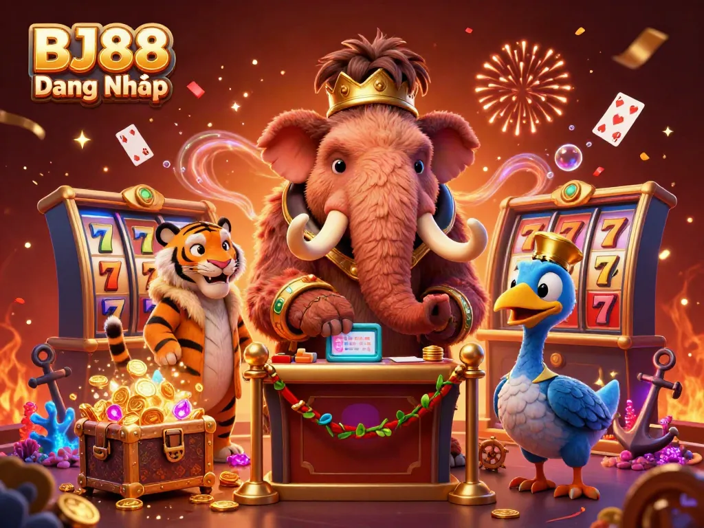 BJ88 Đăng Nhập showcases a vibrant 3D scene with a woolly mammoth bouncer and saber-tooth VIP, enriched with casino elements.