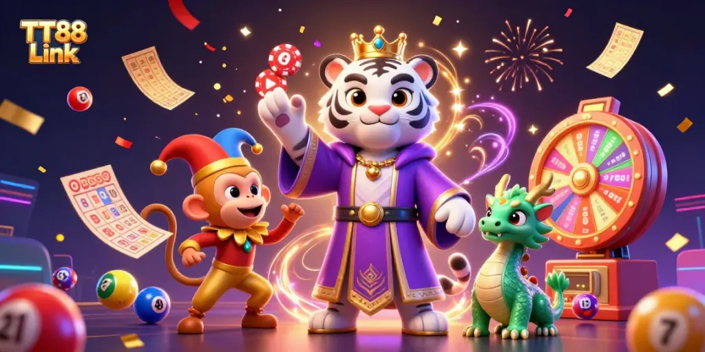 Experience TT88 Link with vibrant casino-themed illustration showcasing winning elements in a dynamic scene.