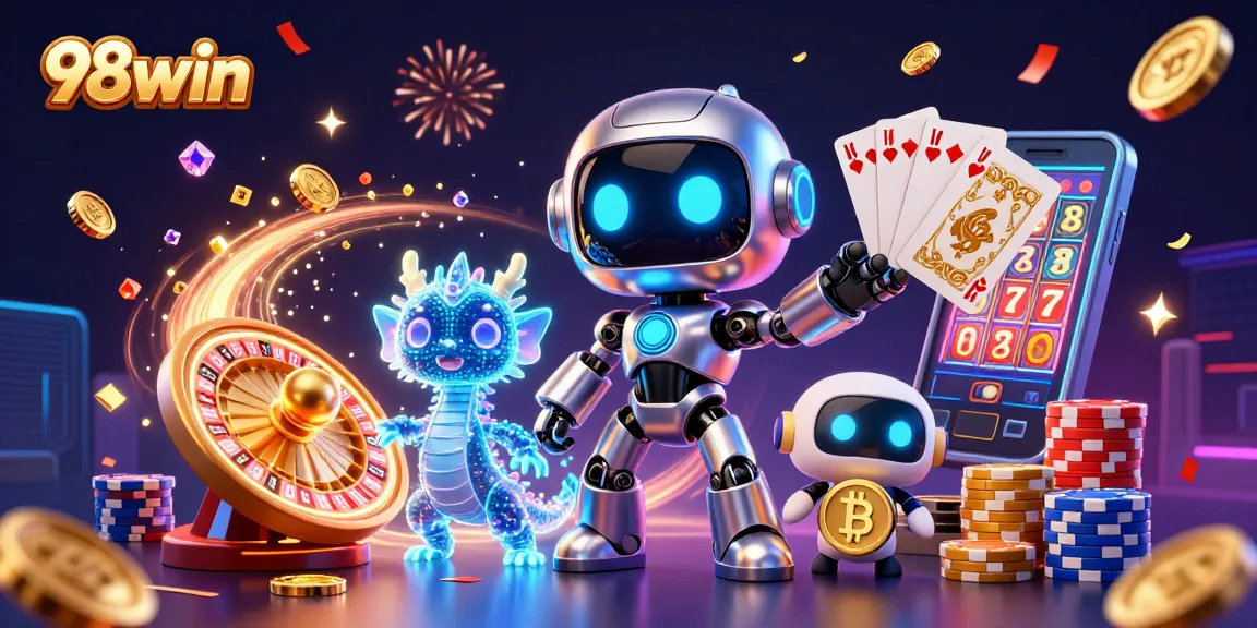Engage with 98win's thrilling casino adventure featuring a vibrant 3D scene of gaming excitement.