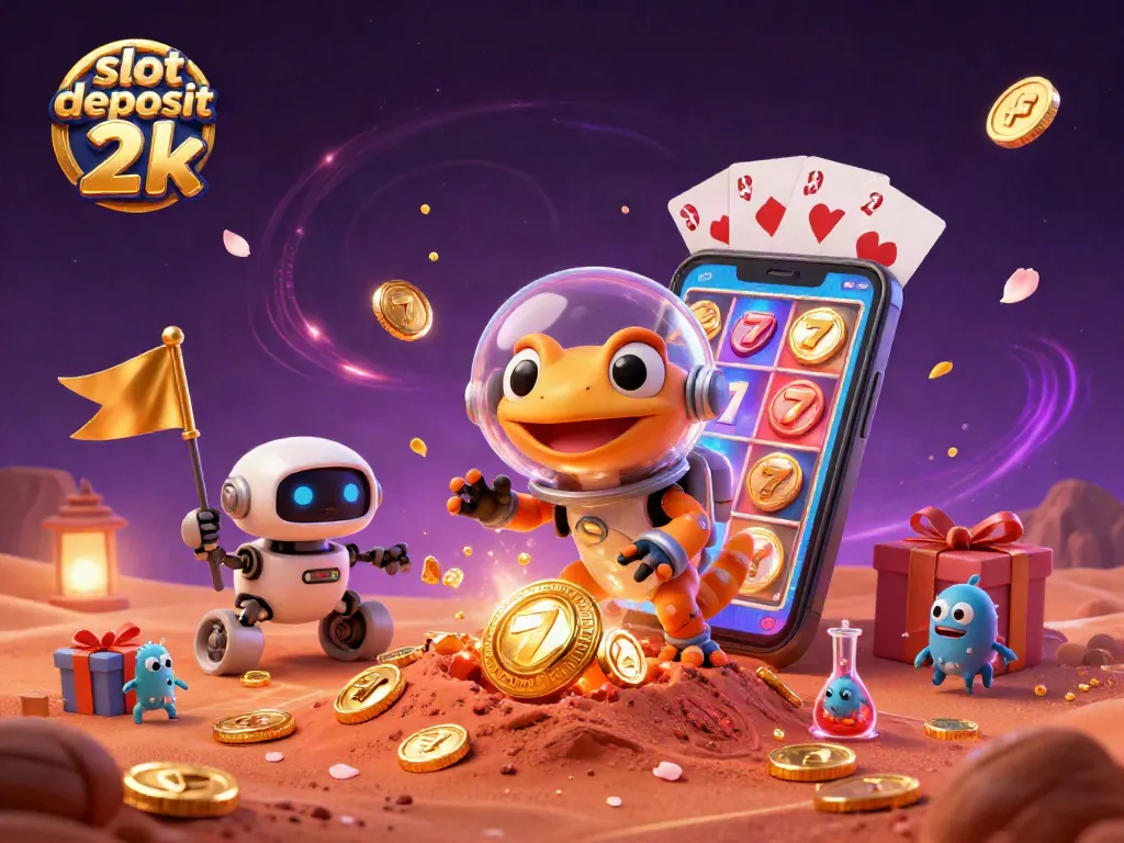 Engage with the colorful scene showcasing slot deposit 2k excitement through a Martian gecko and casino treasures.