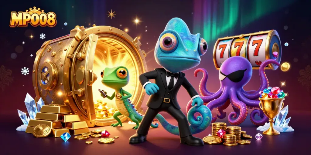 MPO08 showcases thrilling slot action with chameleon, gecko, and octopus among dazzling treasures.