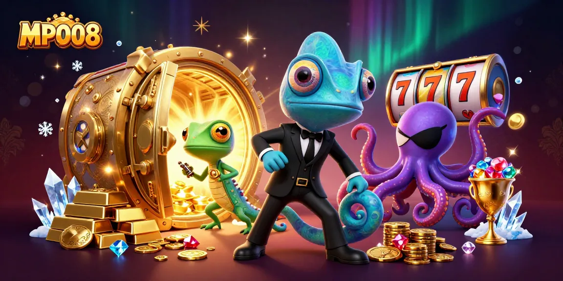 MPO08 showcases thrilling slot action with chameleon, gecko, and octopus among dazzling treasures.