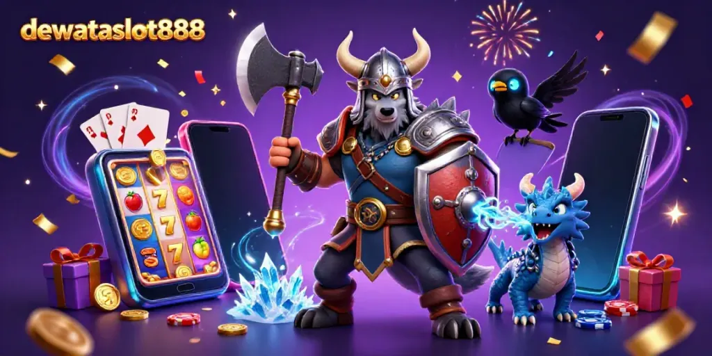 Menangkan permainan slot dengan dewataslot888 sambil dikelilingi karakter Viking dan naga dalam suasana penuh warna.