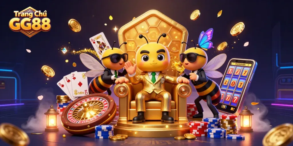 Engage with the thrilling experience at Trang Chủ GG88, showcasing vibrant casino elements and animated characters.