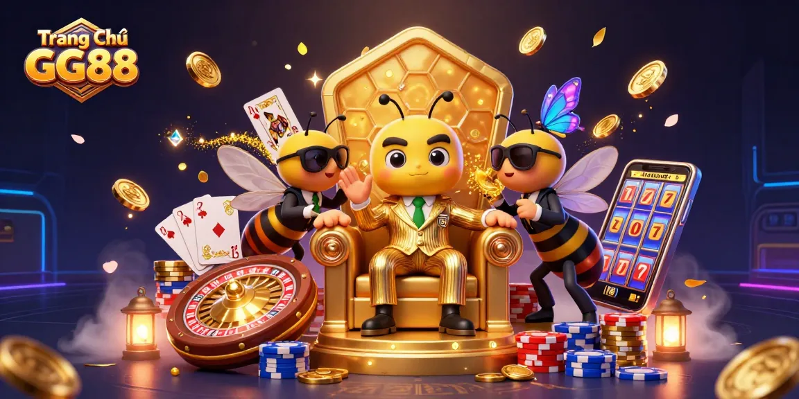 Engage with the thrilling experience at Trang Chủ GG88, showcasing vibrant casino elements and animated characters.