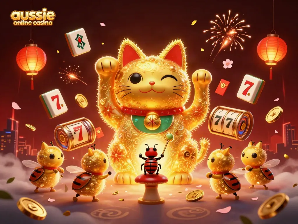 Engaging illustration showcasing aussie online casino themes with a lucky cat and golden fireflies in a vibrant scene.