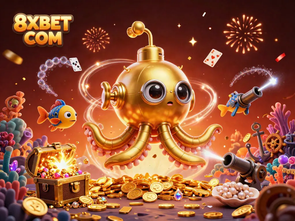 Experience thrilling adventures at 8XBET COM with a 3D golden kraken submarine and mechanical fish in a treasure-filled scene.