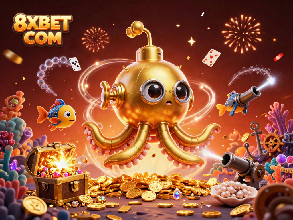 Experience thrilling adventures at 8XBET COM with a 3D golden kraken submarine and mechanical fish in a treasure-filled scene.
